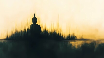 Fototapeta premium Serene Buddha statue illustration capturing mystical vibes and a meditative atmosphere, ideal for spiritual art and decor themes.