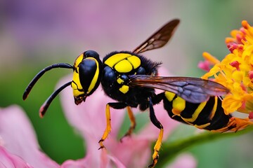 Close-up of a potter wasp with black and yellow markings, building a mud nest on a twig, with translucent wings and a blurred background.
