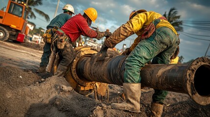 Construction workers installing a large pipeline in an urban environment, showcasing teamwork and machinery.