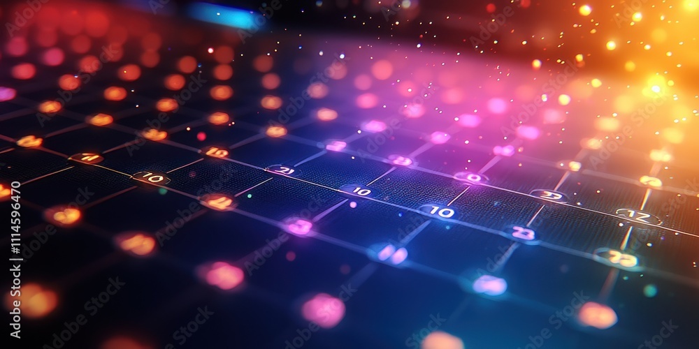 Poster abstract calendar grid with glowing numbers and lights
