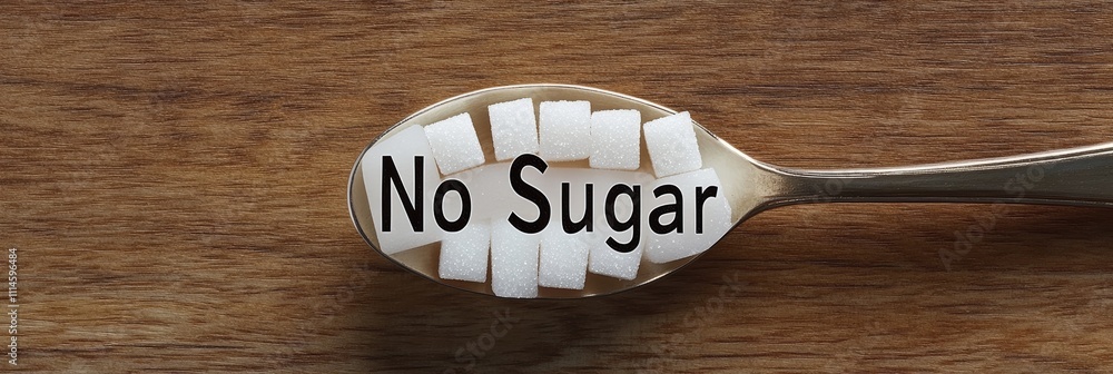 Poster sugar cubes are laying on a spoon with the words no sugar superimposed, conveying the concept of a s