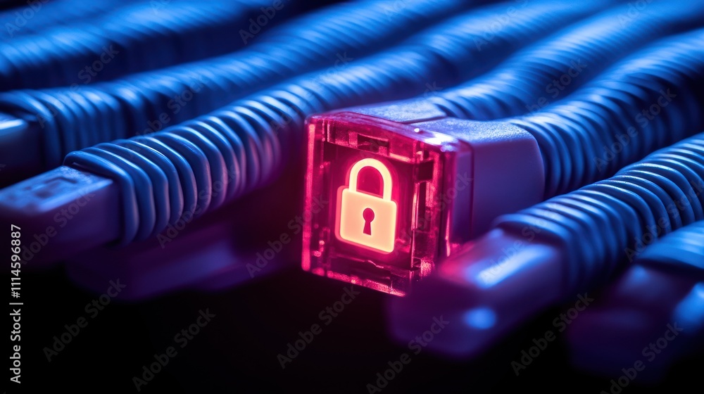 Poster network security illuminated padlock symbol cables