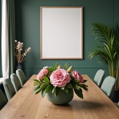 Obraz premium Modern Dining Room Interior Frame Mockup featuring floral arrangements on the table and chairs