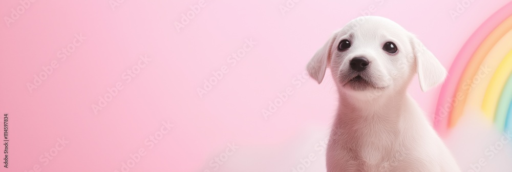 Poster a white dog is sitting on a pink background with a rainbow in the background. the dog is looking at 