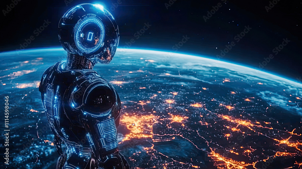 Poster futuristic robot gazing at earth from space showcasing advanced technology and connection. generativ