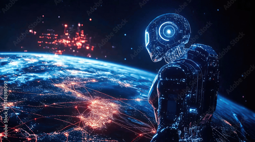 Poster Robot gazes at Earth illuminated by city lights while space stations float in the distance during a futuristic journey. Generative AI
