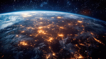 Obraz premium Earth illuminated by city lights during nighttime, showcasing urban areas and geographical features from space. Generative AI