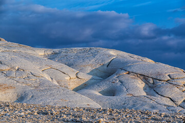 Kazakhstan, Mangistau, Mangyshlak, Tuzbair. Geological chalk formations. The process of destruction of the ancient Tethys Ocean. National heritage of the Kazakhs. Salt lake with a thin layer