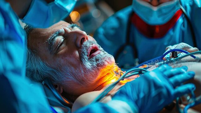 This Healthcare professionals tirelessly stabilize a critical patient with advanced medical equipment.