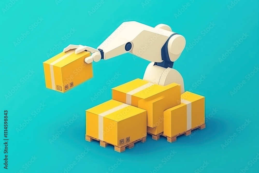 Poster robotic arm handling yellow cardboard boxes on pallet