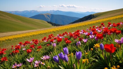 Fototapeta premium Vibrant spring flower field landscape with mountains and rolling green hills