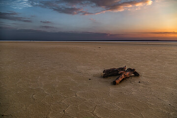 Kazakhstan, Mangistau, Mangyshlak, Tuzbair. Geological chalk formations. The process of destruction of the ancient Tethys Ocean. National heritage of the Kazakhs. Salt lake with a thin layer