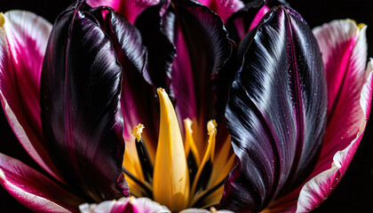 Macro Shot of a Dark Purple and Yellow Tulip with Striking Petals