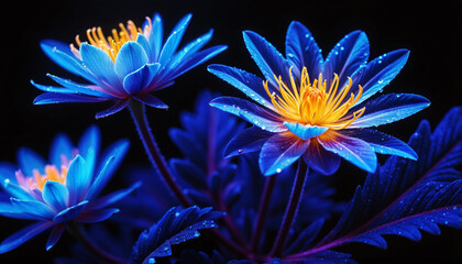 Macro Image of Vibrant Luminescent Blue Flowers with Orange Centers and Dewdrops