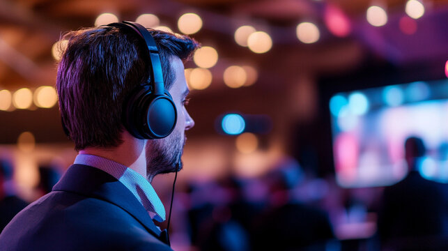 Detailed shot of a translator wearing headphones while interpreting during a live event.