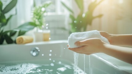 Hands Squeezing Wet White Towel Over Bath Water