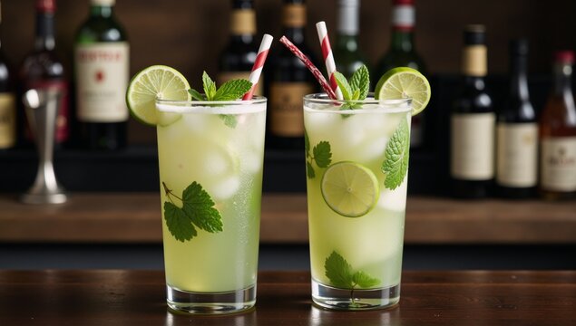 Two mojitos served on a bar amidst a backdrop of liquor-filled chaos
