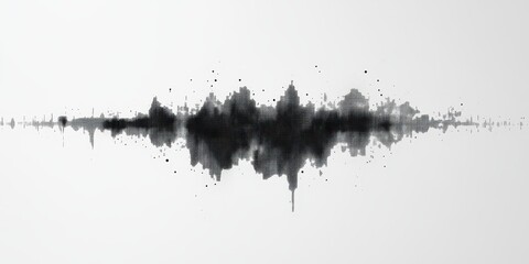 A modern abstract dotted soundwave, transitioning from dense black clusters to faint gray gradients on a smooth white background.