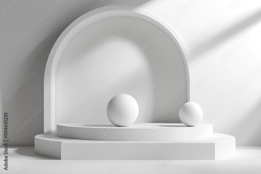 Poster Minimalist White Display with Two Spheres on a Platform