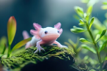 axolotl swimming gracefully in aquarium with vibrant coral and plants, showcasing underwater wildlife in a serene, colorful style, ideal for nature documentaries, educational content, and aquatic-them
