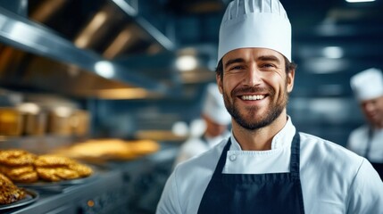Fototapeta premium Portrait of a Male Chef Smiling in Bakery with Team in the Background