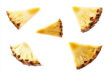 Naklejka premium Several slices of fresh pineapple with golden yellow flesh isolated on a white background