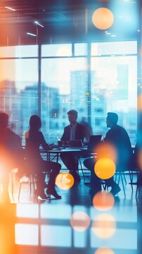 Business team meeting in a modern office, vibrant colors, creative background, silhouettes of people sitting around a table with laptops and documents on it, colorful gradient glass walls,