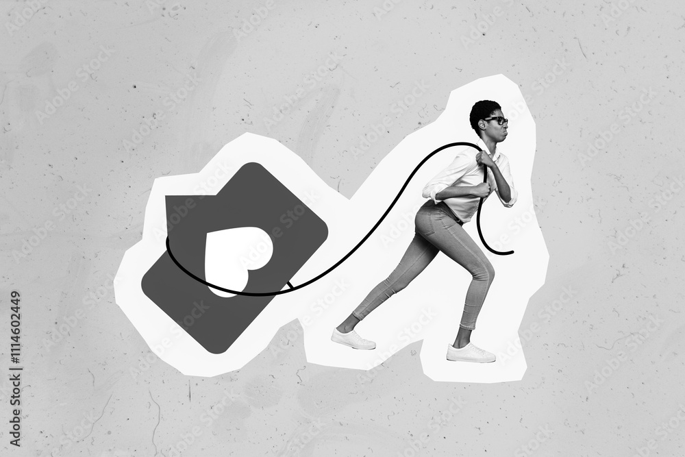 Poster creative abstract collage template graphics image of lady guy dragging big huge heart like sign isol