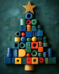 Christmas tree made from colorful wooden toys, creatively arranged on a green background. The festive design is decorated with golden stars, conveying happiness and innovation for the holiday season.
