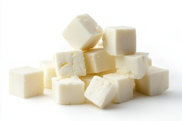 Stacks of white feta cheese cubes isolated on a white background