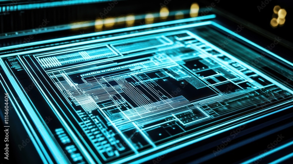 Poster futuristic circuit board glows cyan in the dark
