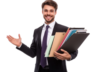 PNG of a smiling businessman holding files in one hand against transparent background