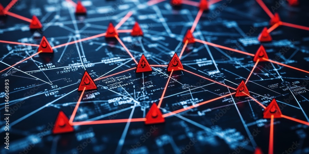Poster red triangles illustrate network security threats