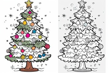 Black-and-white Christmas coloring page and its vibrant colored version for kids
