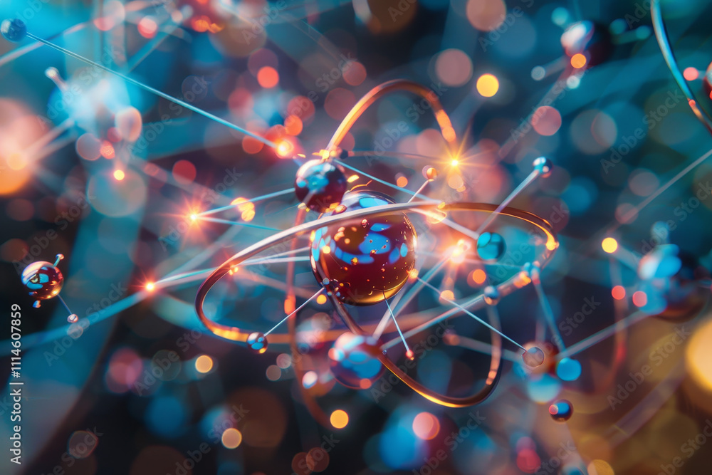 Poster a vibrant representation showcases an atomic structure with electrons orbiting around the nucleus. t