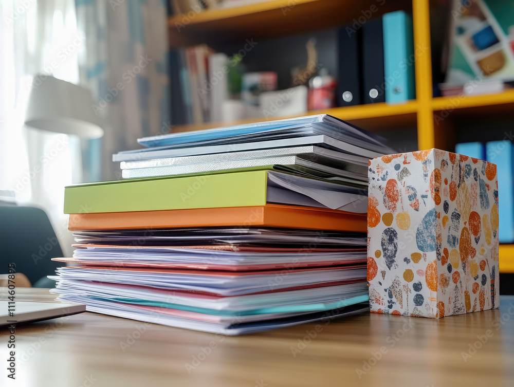 Poster stacked folders and papers on a wooden desk in a bright office setting during daylight hours. genera