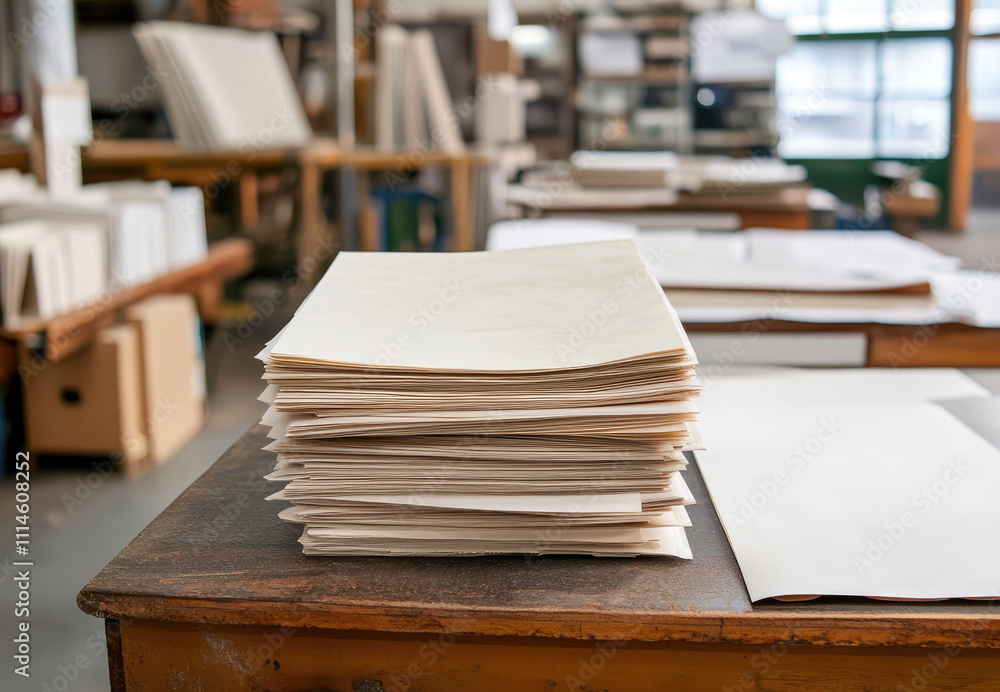 Poster stacks of unprocessed paper waiting for use in a workshop environment during daylight hours. generat