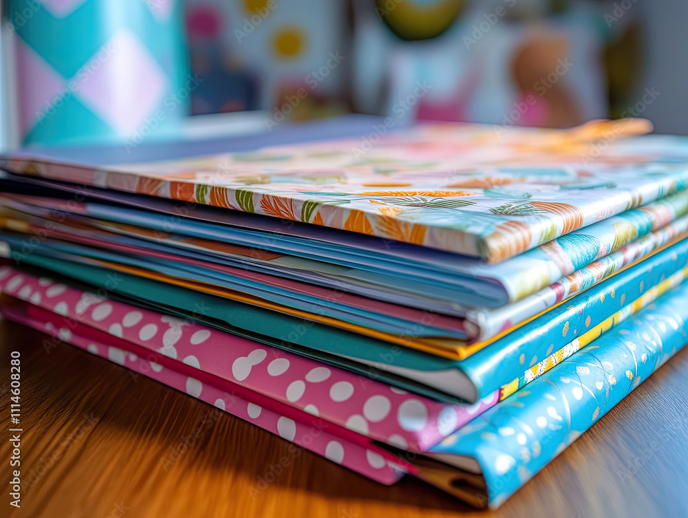 Poster stacked colorful notebooks on a wooden table in a vibrant workspace capturing creativity and product