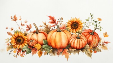 Autumn Watercolor Pumpkins Sunflowers And Leaves