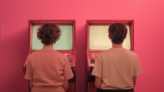 Valentine's Day and experiences concepts. Two individuals interact with vintage arcade machines against a vibrant pink backdrop.