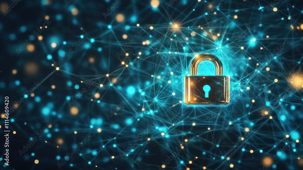Poster golden padlock secured within a network of light