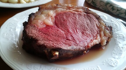 Succulent Prime Rib Roast on a White Plate