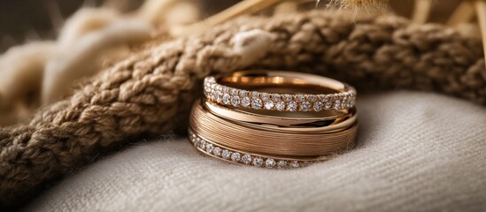 Close-up of elegant rose gold diamond wedding rings on soft fabric.