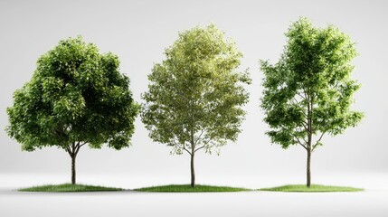 Obraz premium Three Distinct Trees Displaying Varied Foliage Colors and Textures in a Minimalist Environment, Highlighting Nature's Diversity and Seasonal Changes