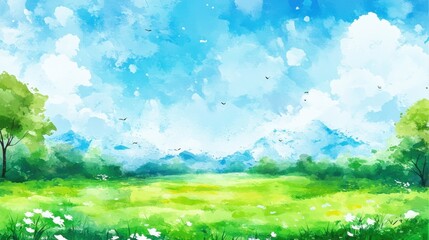 Fototapeta premium Serene Watercolor Landscape Of A Sunny Meadow And Blue Sky