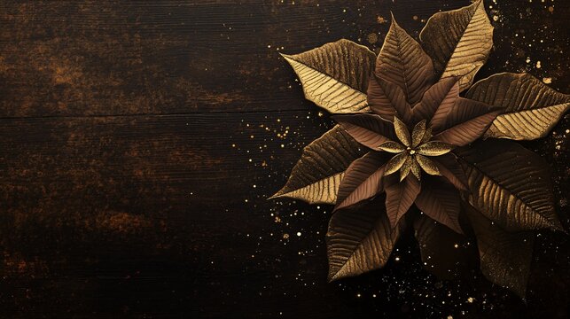 A poinsettia plant with sparkling gold accents, styled on a rich dark wood background