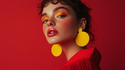 Bold fashion portrait of woman with colorful makeup and yellow earrings