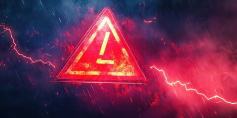 Glowing Red Triangle Warning Sign In Stormy Weather