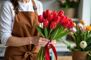 Hands of Asian florist girl collecting bouquet of red tulips with red ribbon, blurred florist shop in background