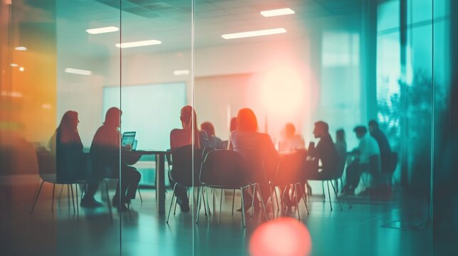 Business team meeting in a modern office, vibrant colors, creative background, silhouettes of people sitting around a table with laptops and documents on it, colorful gradient glass walls,